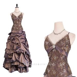 Vintage Alyce Prom Dress Maxi Ball Gown S Brown Lace Y2K Bubble Empire Glam